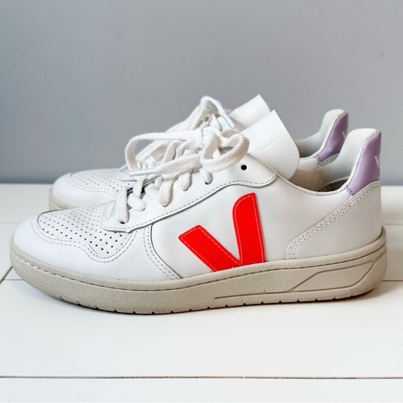 Veja x Madewell V10 Leather Sneakers Lilac with Neon Orange Size EU 37 US 6 - Picture 3 of 10